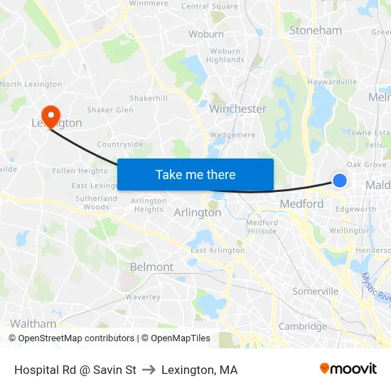 Hospital Rd @ Savin St to Lexington, MA map