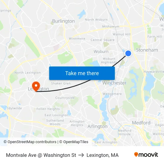 Montvale Ave @ Washington St to Lexington, MA map