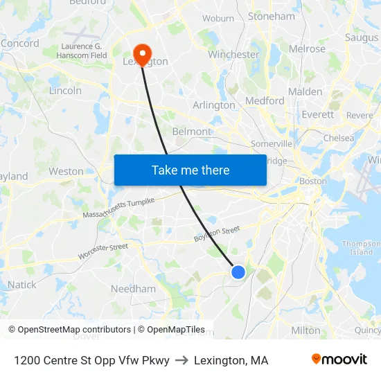 1200 Centre St Opp Vfw Pkwy to Lexington, MA map
