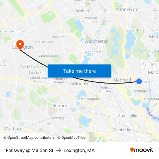 Fellsway @ Malden St to Lexington, MA map