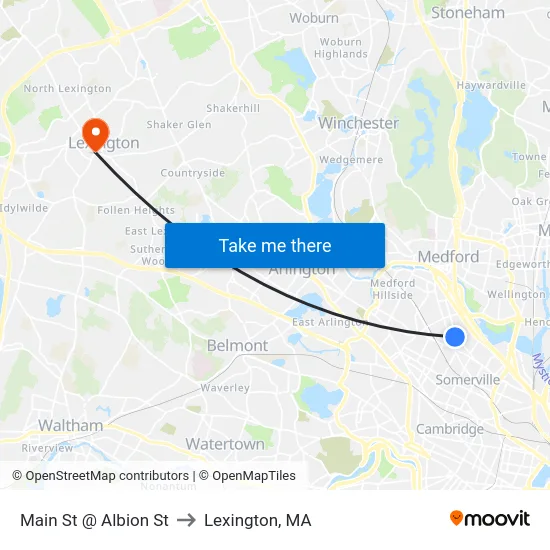 Main St @ Albion St to Lexington, MA map