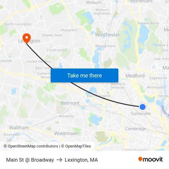 Main St @ Broadway to Lexington, MA map