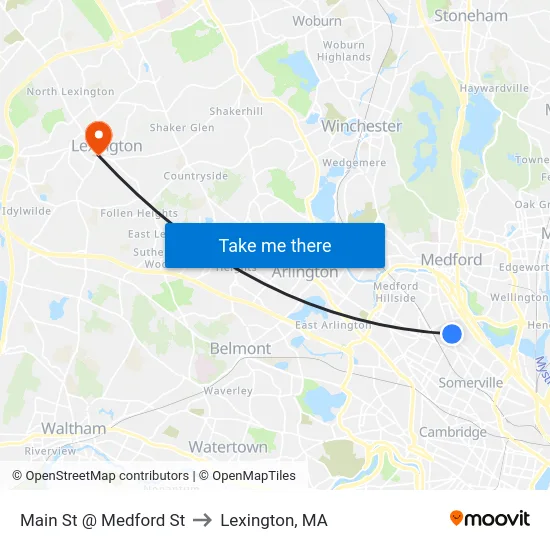 Main St @ Medford St to Lexington, MA map