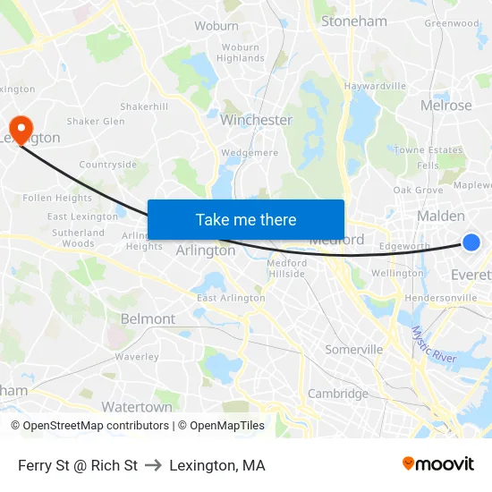 Ferry St @ Rich St to Lexington, MA map