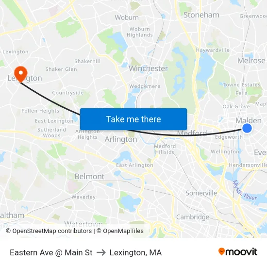 Eastern Ave @ Main St to Lexington, MA map