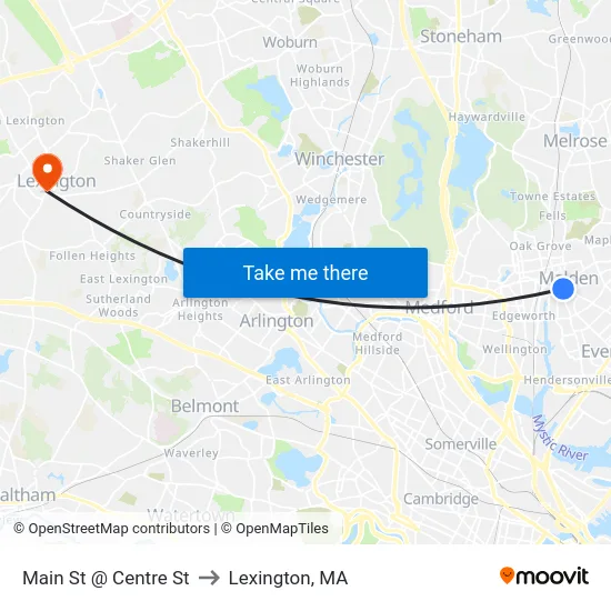 Main St @ Centre St to Lexington, MA map