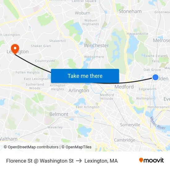 Florence St @ Washington St to Lexington, MA map