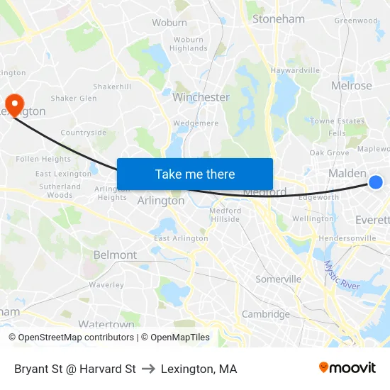 Bryant St @ Harvard St to Lexington, MA map
