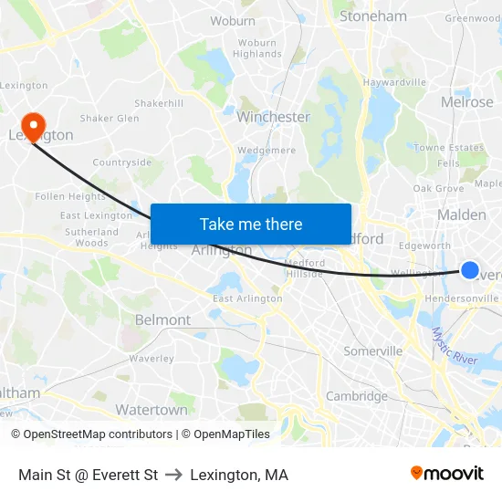 Main St @ Everett St to Lexington, MA map