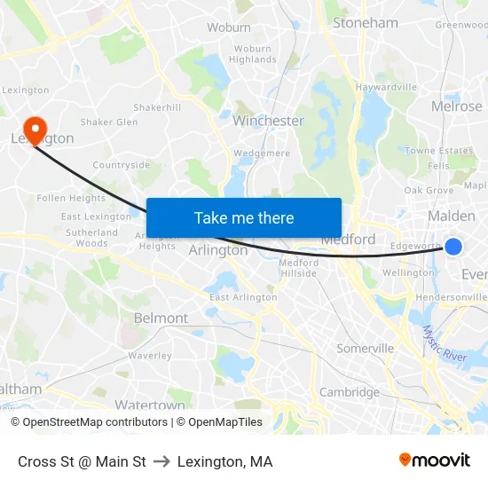 Cross St @ Main St to Lexington, MA map