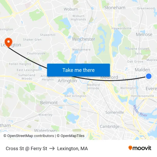 Cross St @ Ferry St to Lexington, MA map