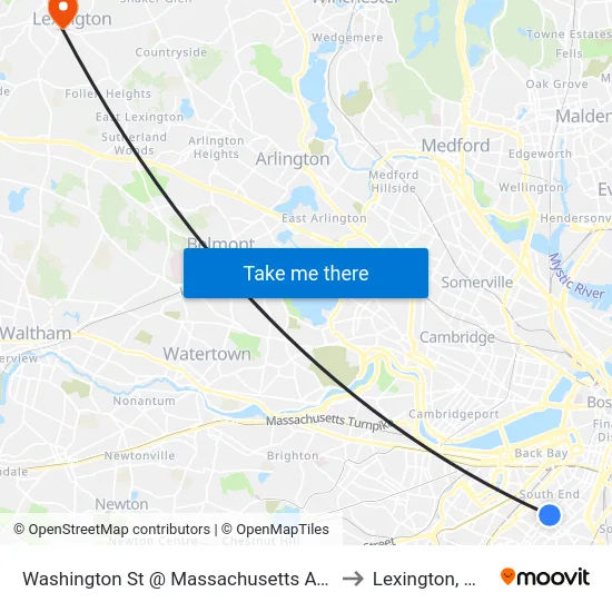 Washington St @ Massachusetts Ave to Lexington, MA map
