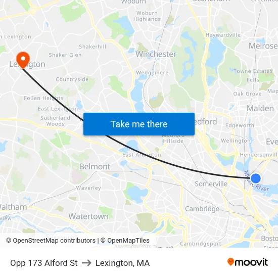 Opp 173 Alford St to Lexington, MA map