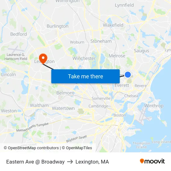 Eastern Ave @ Broadway to Lexington, MA map