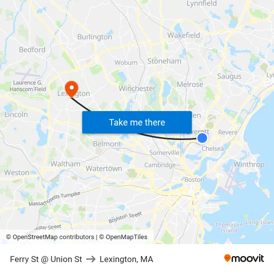 Ferry St @ Union St to Lexington, MA map