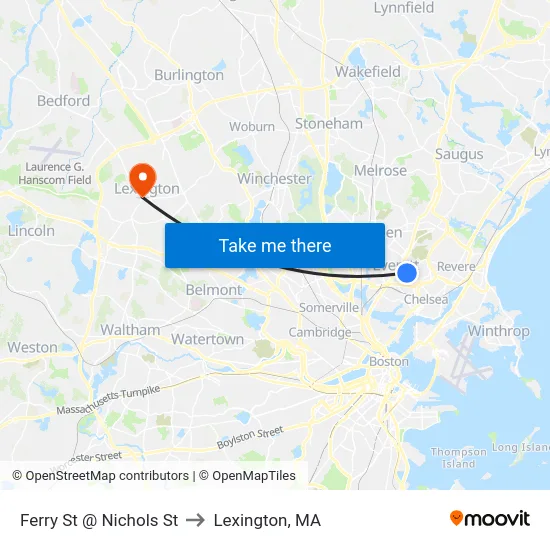 Ferry St @ Nichols St to Lexington, MA map