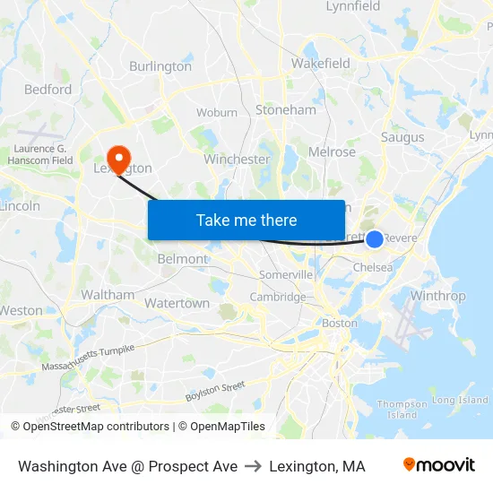 Washington Ave @ Prospect Ave to Lexington, MA map