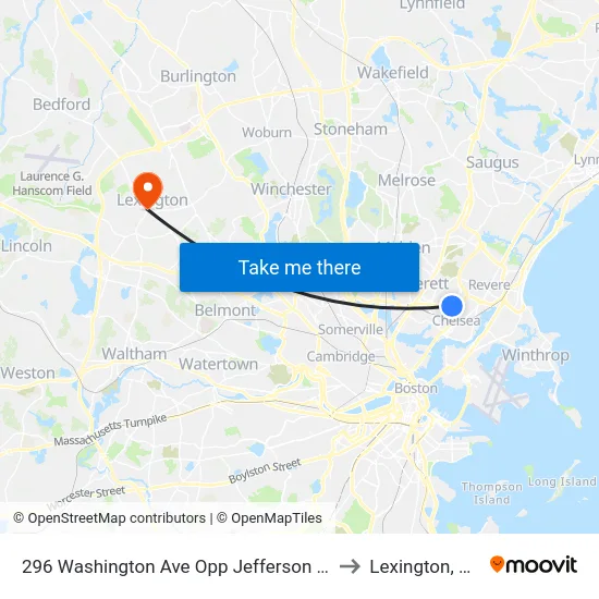 296 Washington Ave Opp Jefferson Ave to Lexington, MA map
