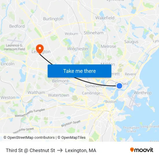 Third St @ Chestnut St to Lexington, MA map