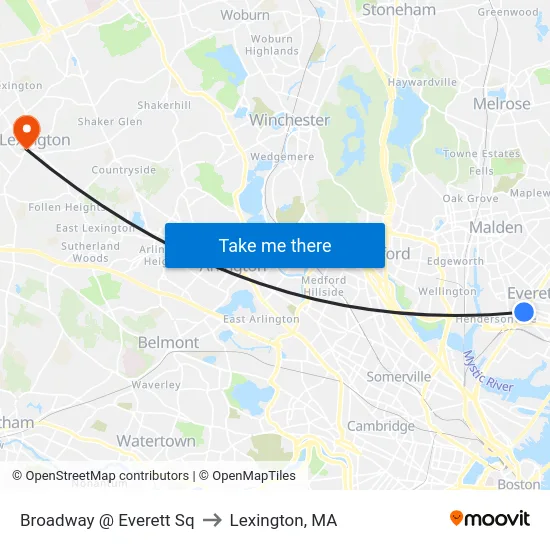 Broadway @ Everett Sq to Lexington, MA map