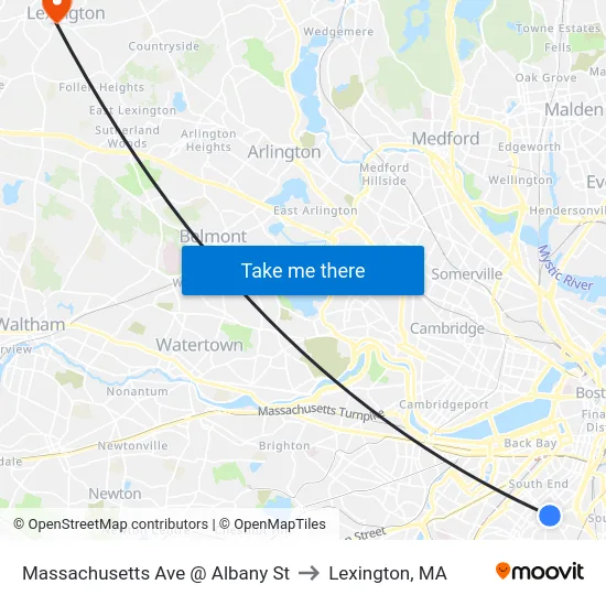 Massachusetts Ave @ Albany St to Lexington, MA map