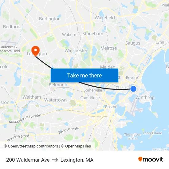 200 Waldemar Ave to Lexington, MA map