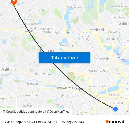 Washington St @ Lenox St to Lexington, MA map