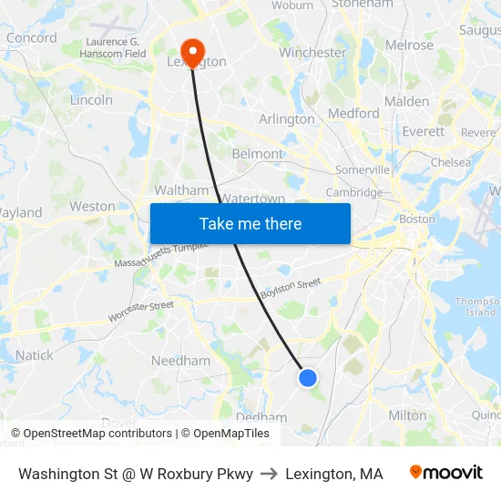 Washington St @ W Roxbury Pkwy to Lexington, MA map