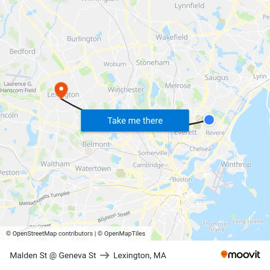 Malden St @ Geneva St to Lexington, MA map