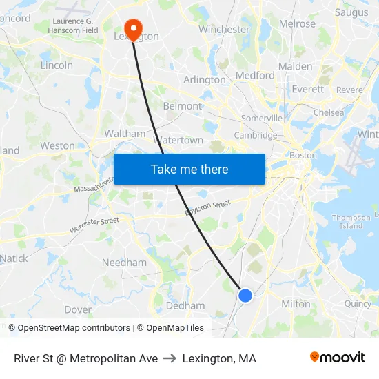 River St @ Metropolitan Ave to Lexington, MA map
