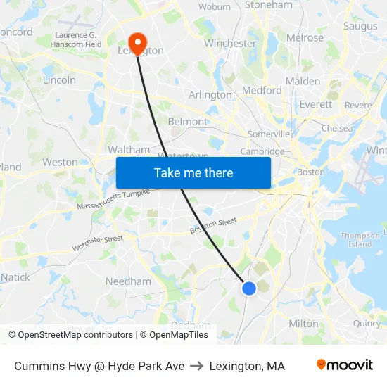 Cummins Hwy @ Hyde Park Ave to Lexington, MA map