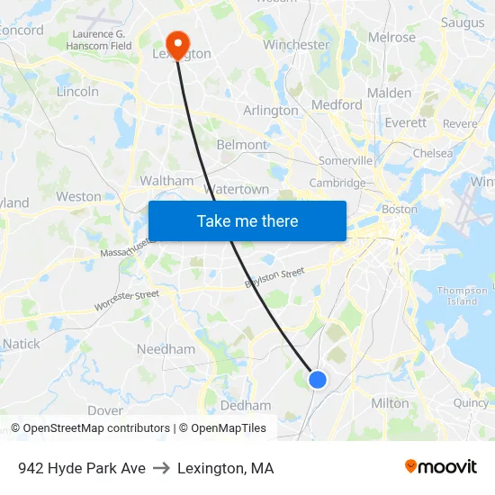 942 Hyde Park Ave to Lexington, MA map