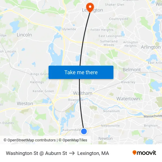 Washington St @ Auburn St to Lexington, MA map