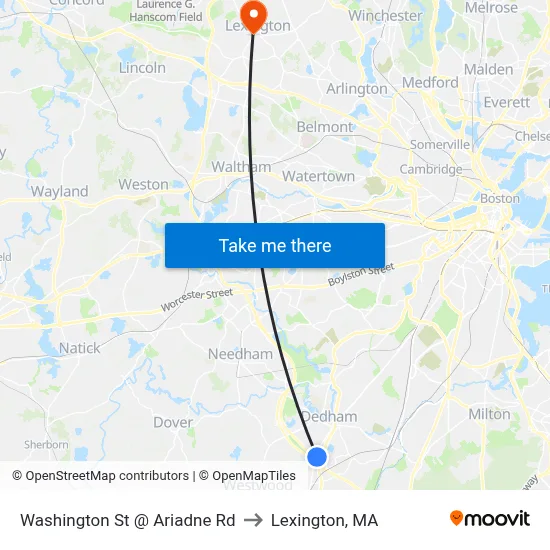 Washington St @ Ariadne Rd to Lexington, MA map