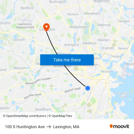 100 S Huntington Ave to Lexington, MA map