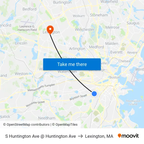 S Huntington Ave @ Huntington Ave to Lexington, MA map