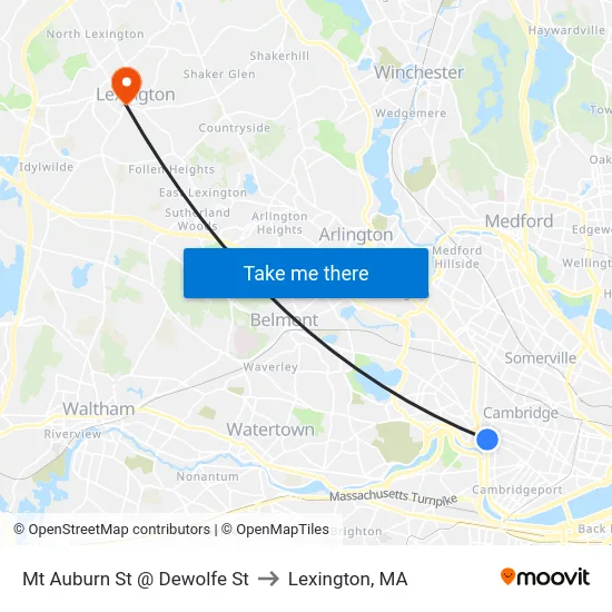 Mt Auburn St @ Dewolfe St to Lexington, MA map