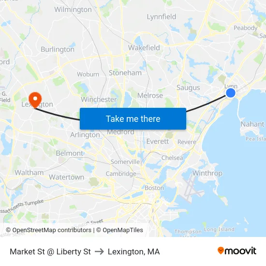 Market St @ Liberty St to Lexington, MA map