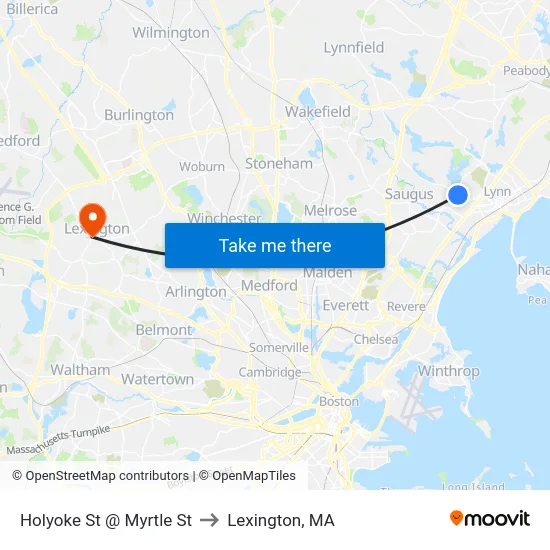 Holyoke St @ Myrtle St to Lexington, MA map