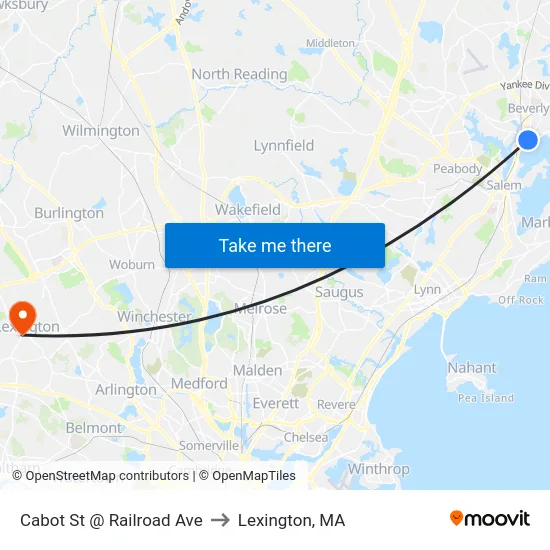 Cabot St @ Railroad Ave to Lexington, MA map