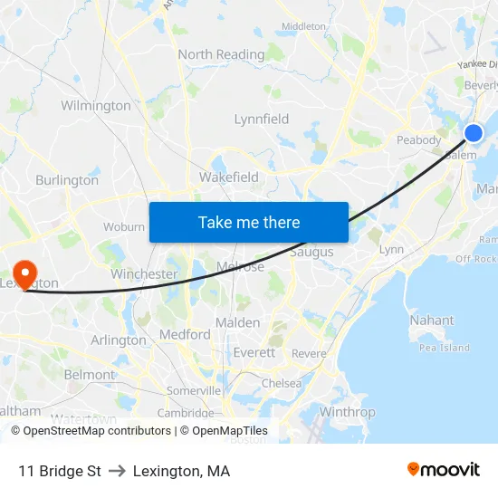 11 Bridge St to Lexington, MA map