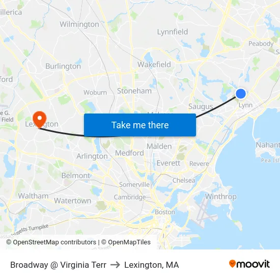 Broadway @ Virginia Terr to Lexington, MA map