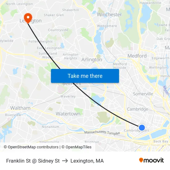 Franklin St @ Sidney St to Lexington, MA map