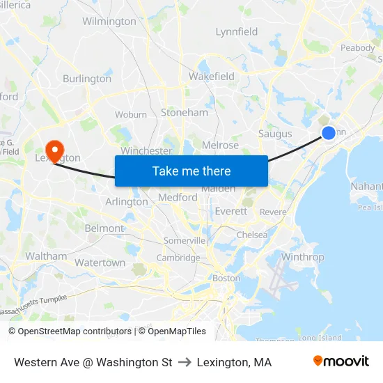 Western Ave @ Washington St to Lexington, MA map
