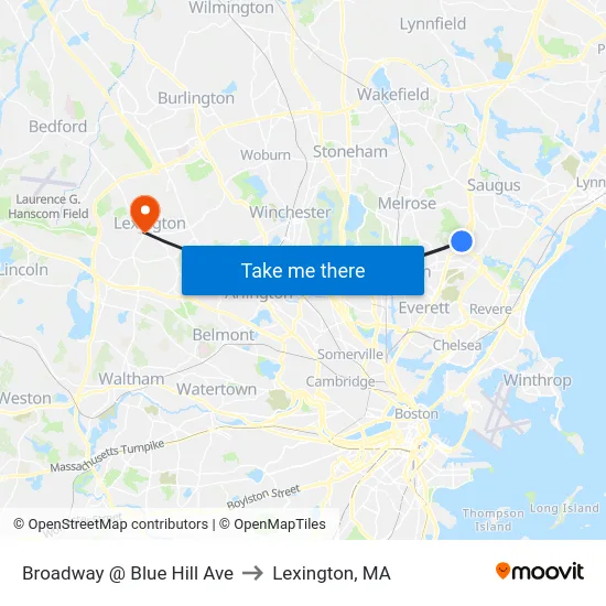 Broadway @ Blue Hill Ave to Lexington, MA map