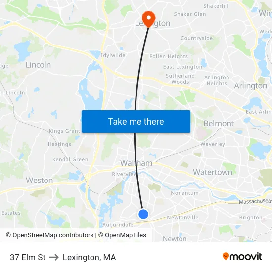 37 Elm St to Lexington, MA map