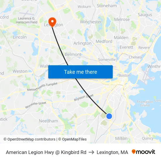 American Legion Hwy @ Kingbird Rd to Lexington, MA map