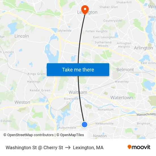 Washington St @ Cherry St to Lexington, MA map