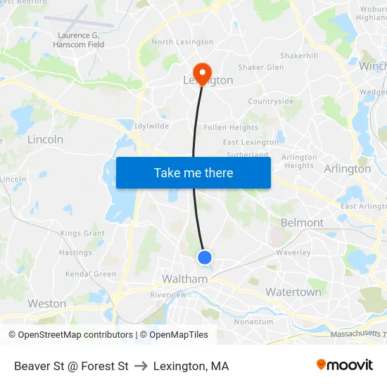 Beaver St @ Forest St to Lexington, MA map