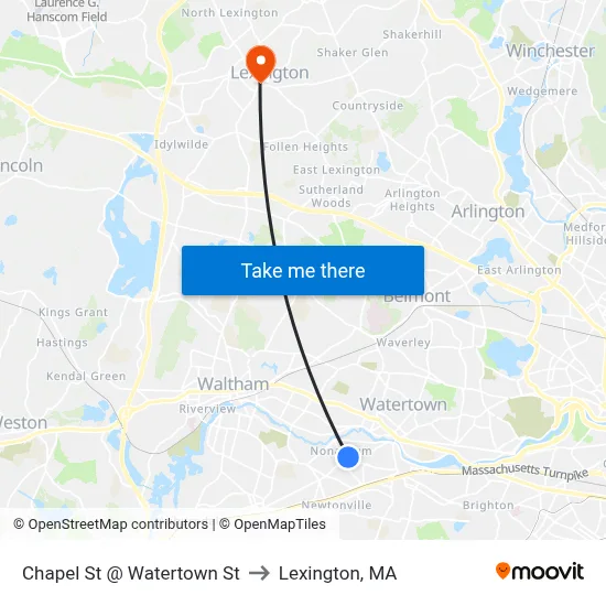 Chapel St @ Watertown St to Lexington, MA map